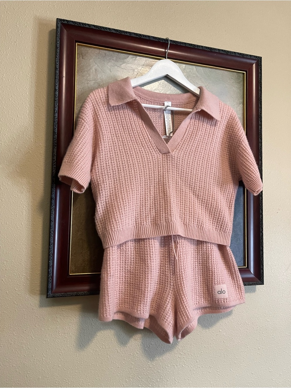 ALO Yoga Blush Pink Waffle Knit Two-Piece Loungewear Set - Picture 2 of 10